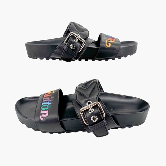 Louis Vuitton New Wave Bom Dia Slide Sandal Size 38 US 8 Black Rainbow Logo Mule - Picture 8 of 15